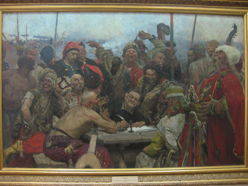 Das berühmte Gemälde "Die Saporoger Kosaken schreiben dem türkischen Sultan einen Brief" von I.E. Repin im Kunstmuseum in Charkiw